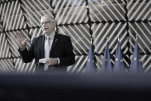 European Union for Foreign Affairs and Security Policy Josep Borrell talks during a statement before a Defence ministers meeting