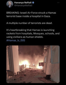 Il portavoce del governo israeliano rivendica, salvo poi ritrattare e cancellare la sua dichiarazione, il bombardamento dell'ospedale Al-Ahli